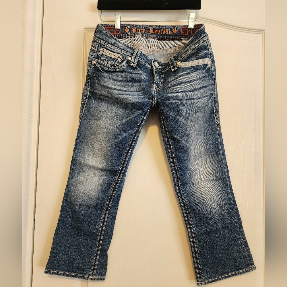 Rock Revival Alanis Blue Jean Capris with Distressed Details Size 29.